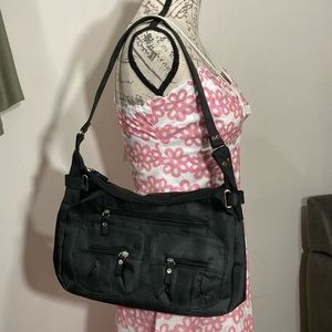 Black Sateen Silver Grommet Shoulder Bag Y2K Style Front Pockets Zipper Purse